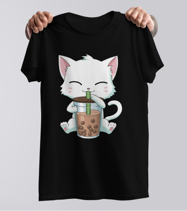 Kawaii Cat With Bubble Tea Boba Milk Anime T-Shirt