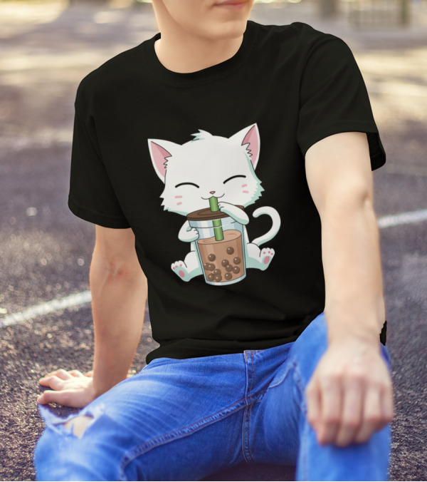Kawaii Cat With Bubble Tea Boba Milk Anime T-Shirt