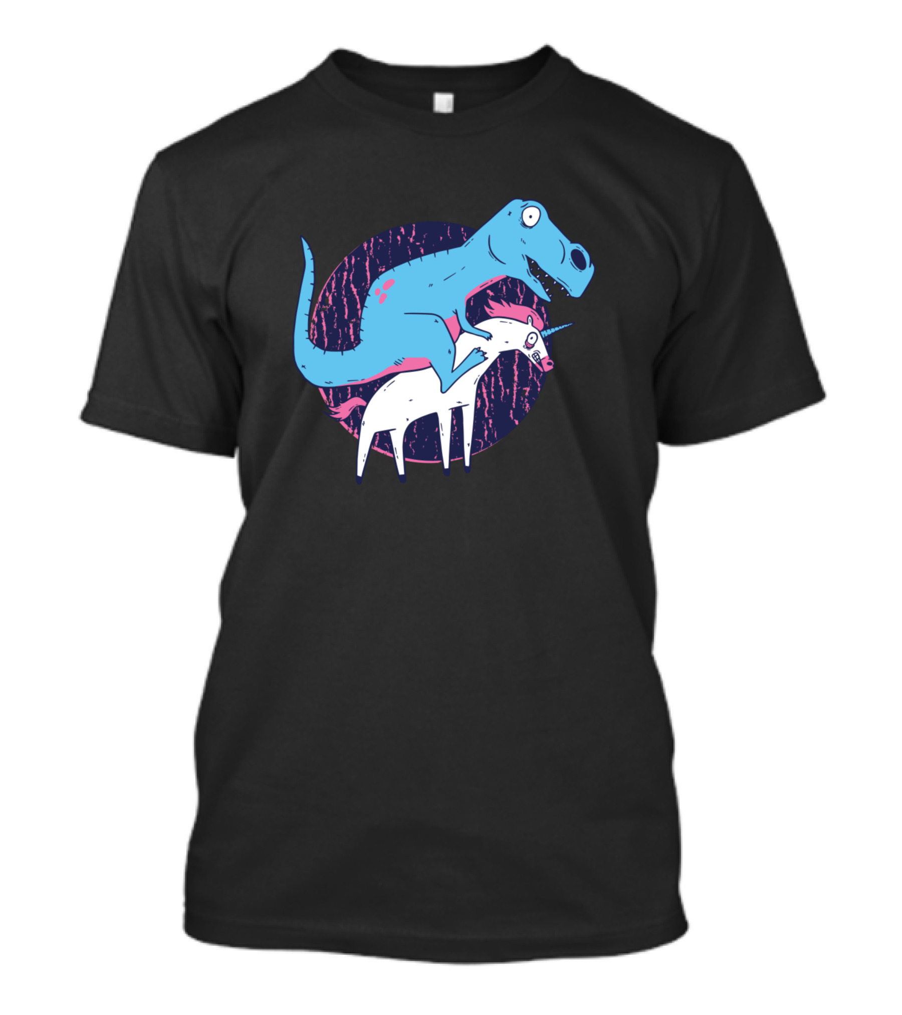 Dinosaur Riding Unicorn Retro Style Circle Background T-Shirt