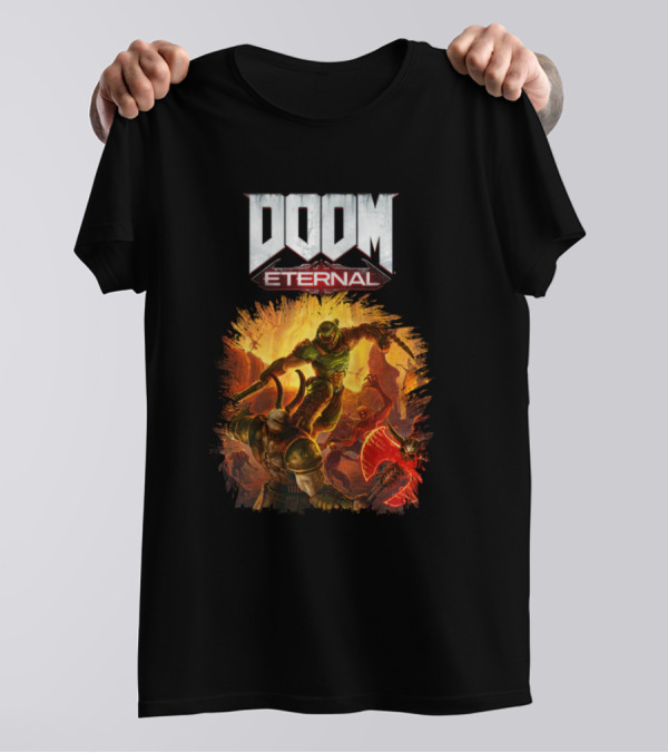 DOOM Eternal Action-Packed Demonic Battle Scene T-Shirt