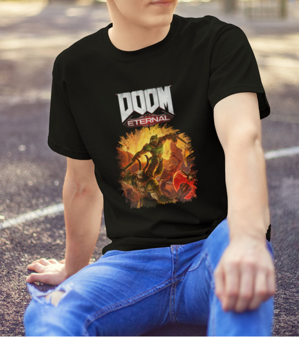 DOOM Eternal Action-Packed Demonic Battle Scene T-Shirt