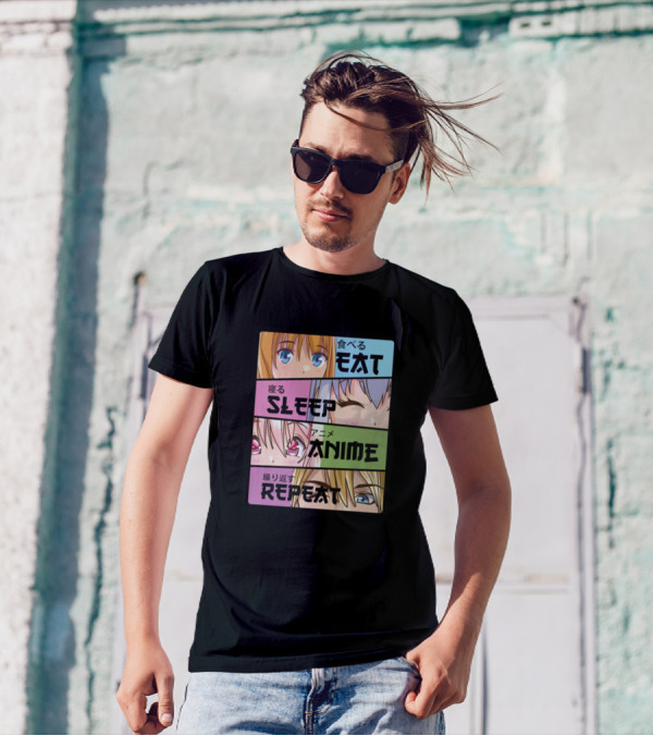 Eat Sleep Anime Repeat Kawaii Manga Cute Faces T-Shirt