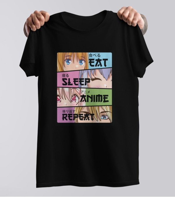 Eat Sleep Anime Repeat Kawaii Manga Cute Faces T-Shirt