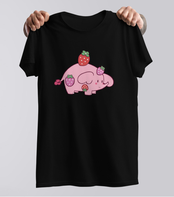 Elephant With Strawberry Playful Cute Happy Fun T-Shirt