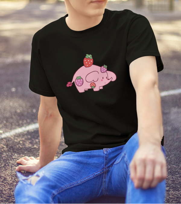 Elephant With Strawberry Playful Cute Happy Fun T-Shirt