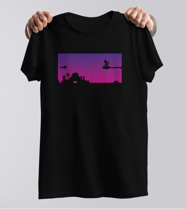 Goku Vs Red Silhouette Battle At Sunset Urban Skyline T-Shirt