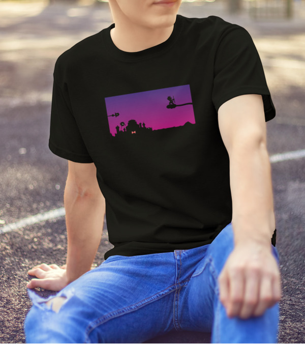 Goku Vs Red Silhouette Battle At Sunset Urban Skyline T-Shirt