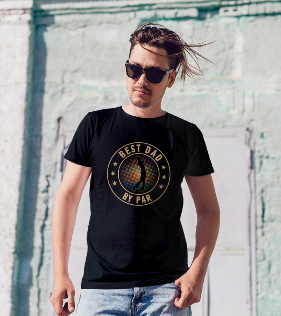 Best Dad By Par Golfer Funny Retro Sunset T-Shirt
