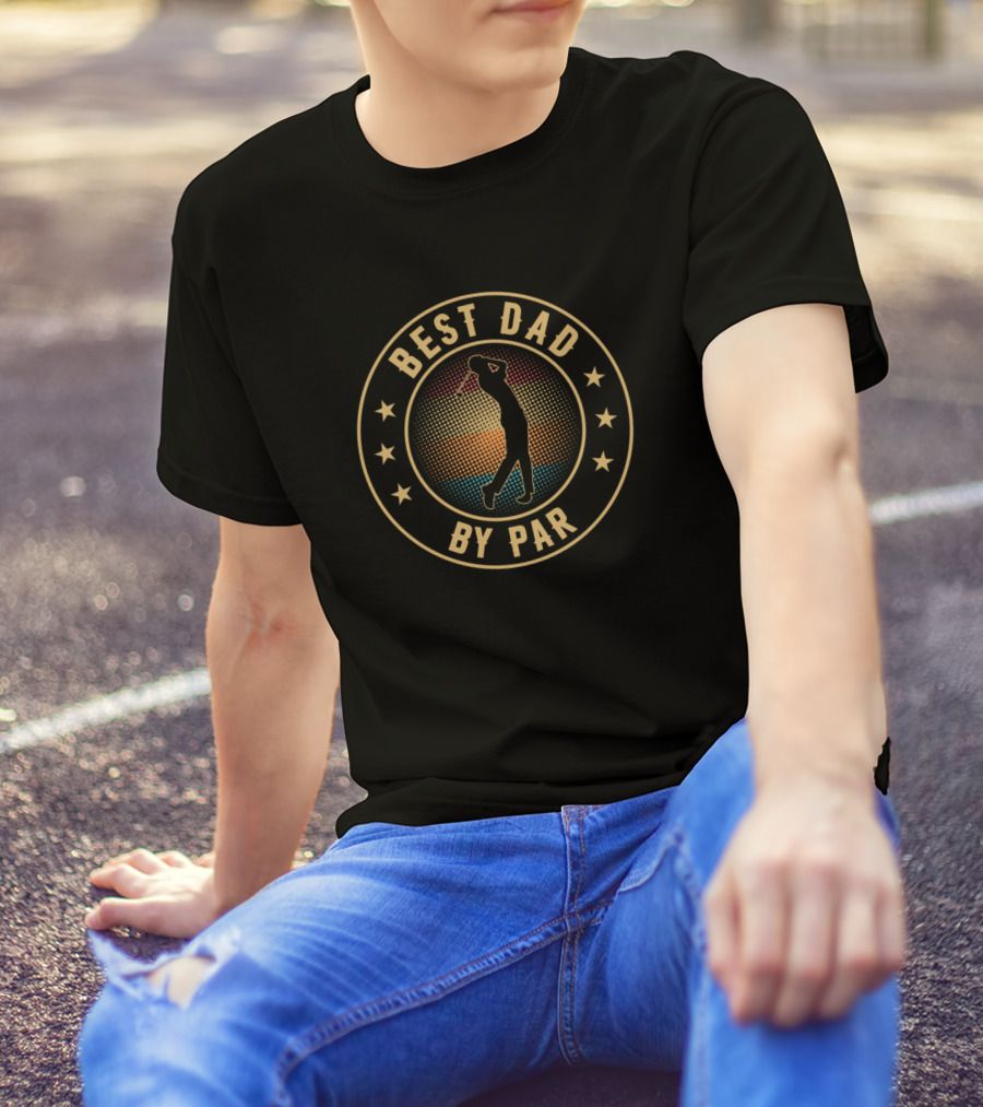 Best Dad By Par Golfer Funny Retro Sunset T-Shirt