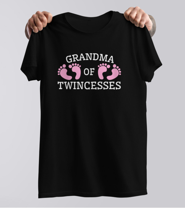 Grandma Of Twincesses With Pink Baby Footprints T-Shirt