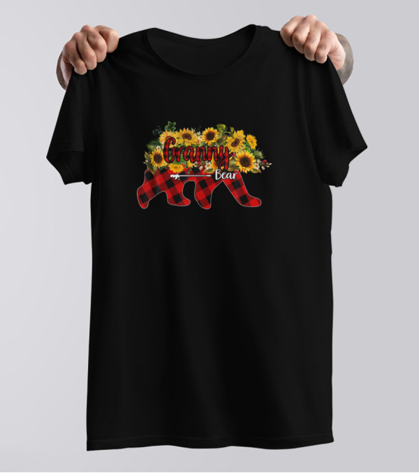 Granny Bear Floral Sunflower Plaid Buffalo T-Shirt
