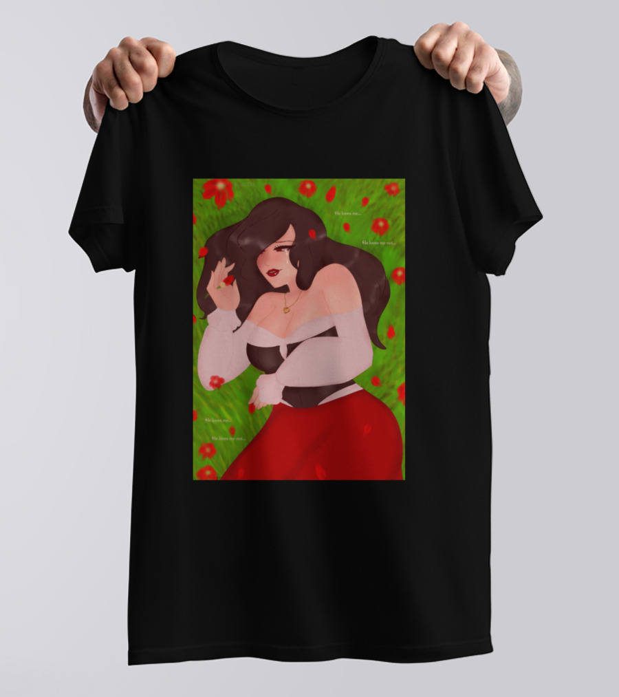 He Loves Me He Loves Me Not Romantic Illustration With Red Flowers And Woman In Red Skirt T-Shirt