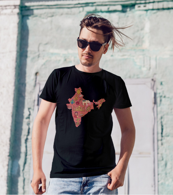 India Map Icons Elephant Taj Mahal Buddha Lotus Sitar Cobra T-Shirt