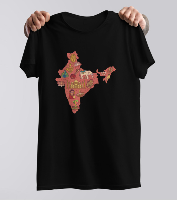India Map Icons Elephant Taj Mahal Buddha Lotus Sitar Cobra T-Shirt