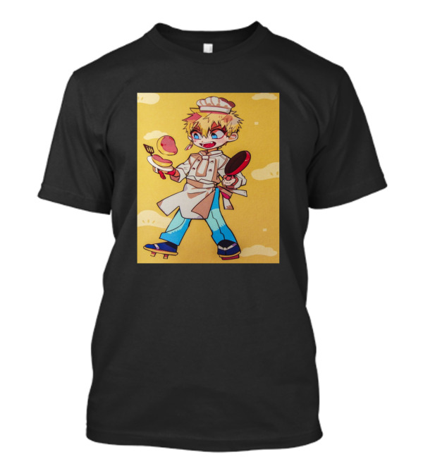 Kou Minamoto Chef Outfit Cooking Pancakes Anime Style Bright Energetic Yellow Background T-Shirt