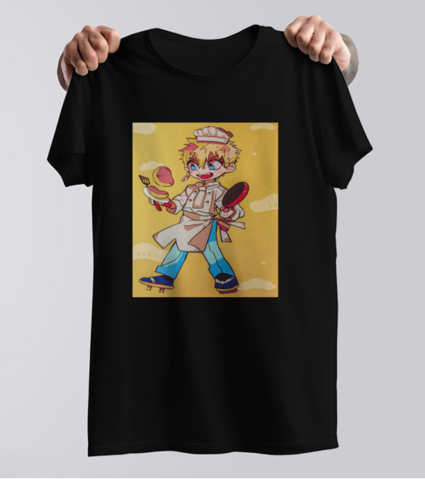 Kou Minamoto Chef Outfit Cooking Pancakes Anime Style Bright Energetic Yellow Background T-Shirt