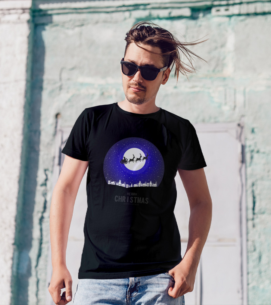 Merry Christmas Santa Sleigh Moonlit Night Sky Village T-Shirt