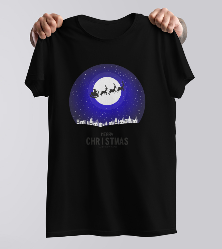 Merry Christmas Santa Sleigh Moonlit Night Sky Village T-Shirt