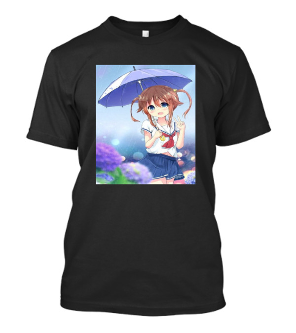 Misaki Akeno Anime Character With Umbrella In Rainy Floral Scene T-Shirt