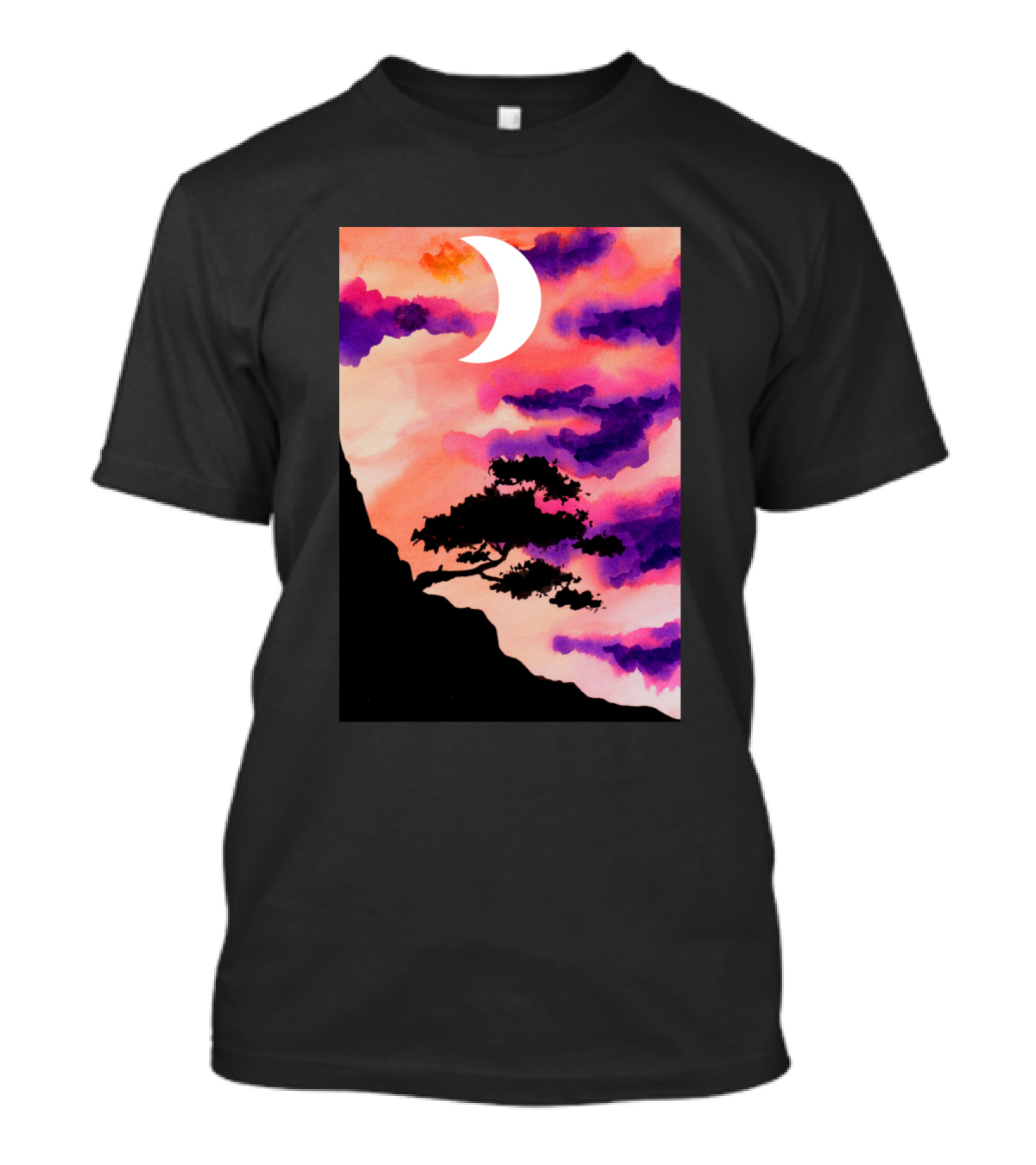Mountain Tree Crescent Moon Sunset Clouds T-Shirt