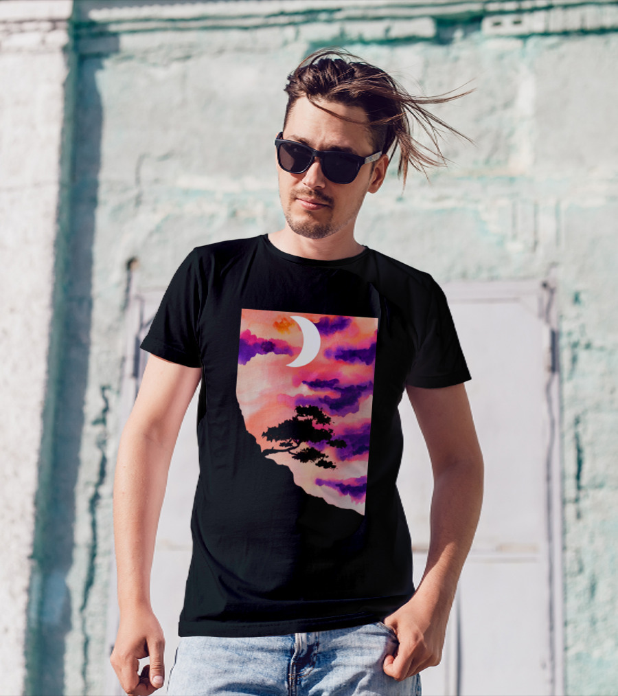 Mountain Tree Crescent Moon Sunset Clouds T-Shirt