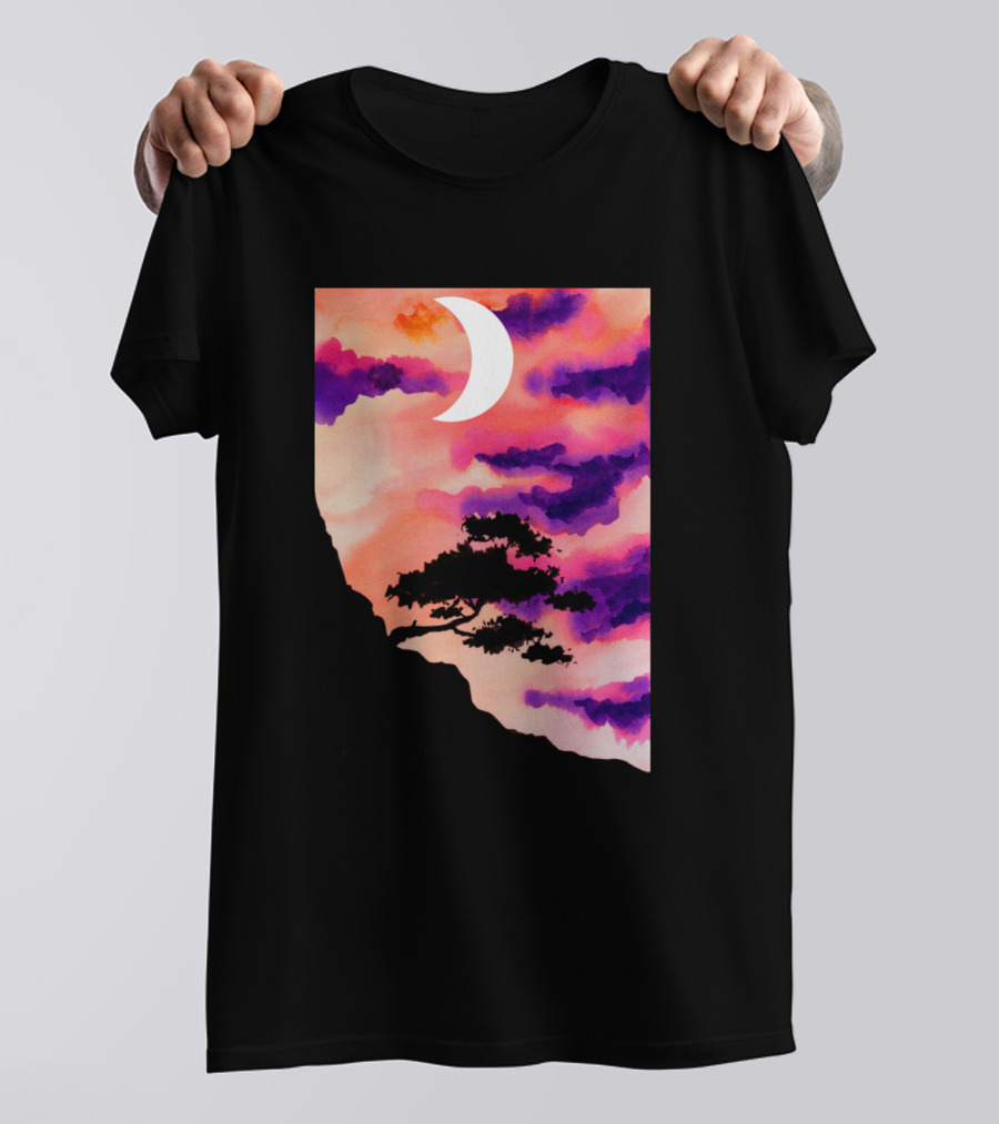 Mountain Tree Crescent Moon Sunset Clouds T-Shirt