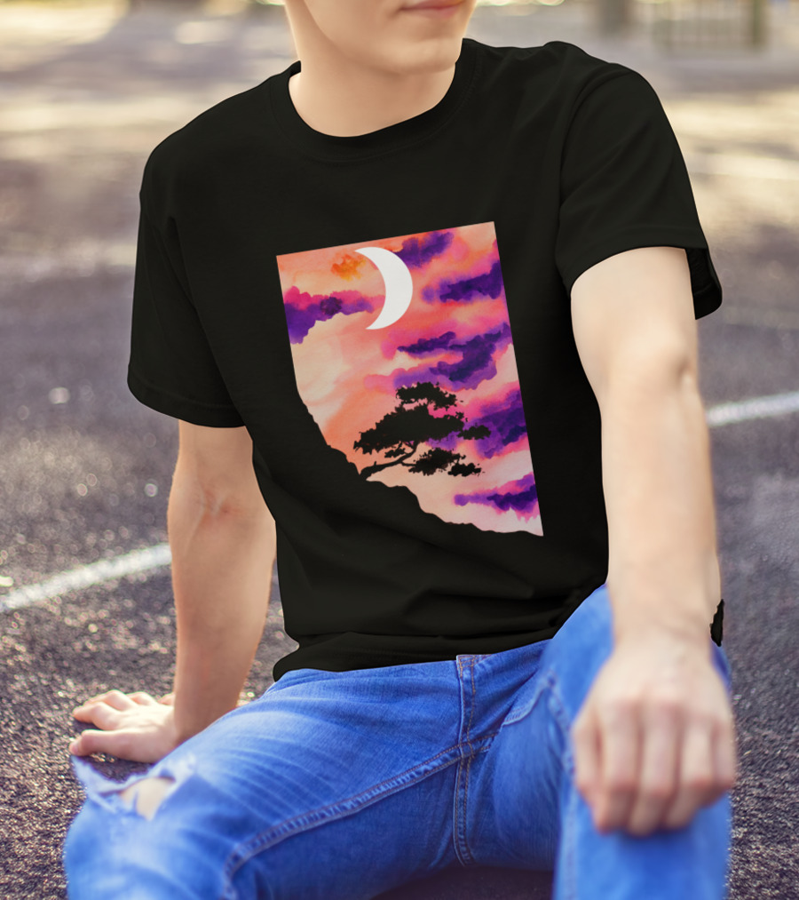 Mountain Tree Crescent Moon Sunset Clouds T-Shirt