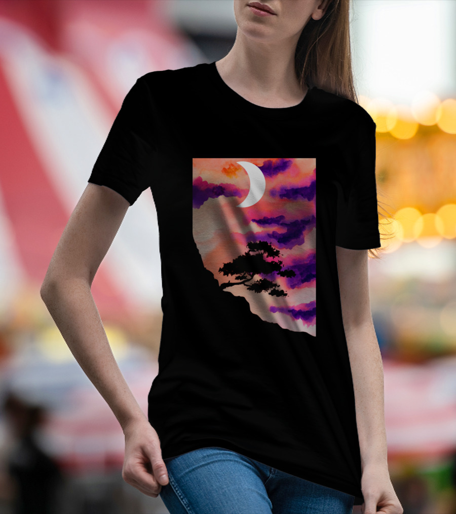 Mountain Tree Crescent Moon Sunset Clouds T-Shirt