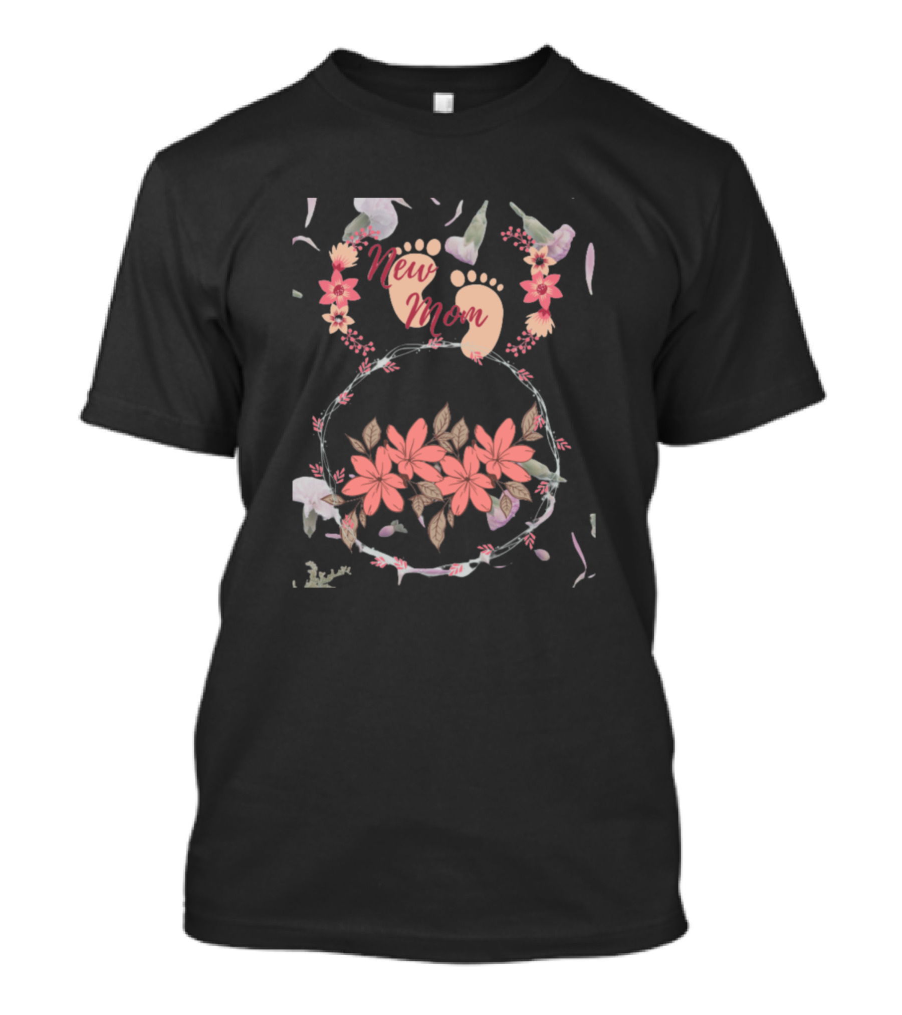 New Mom Floral Baby Footprint T-Shirt