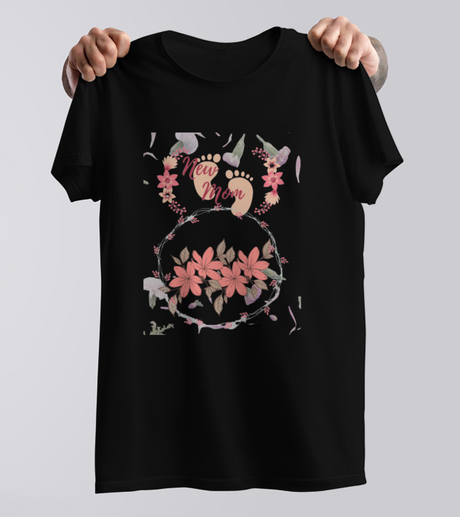 New Mom Floral Baby Footprint T-Shirt