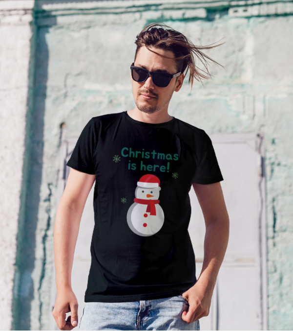 Christmas Is Here Snowman Santa Hat Scarf Snowflakes T-Shirt