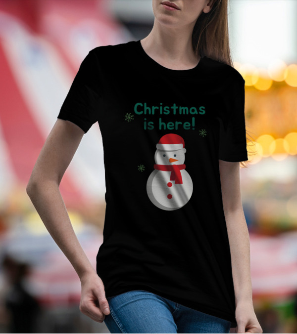 Christmas Is Here Snowman Santa Hat Scarf Snowflakes T-Shirt