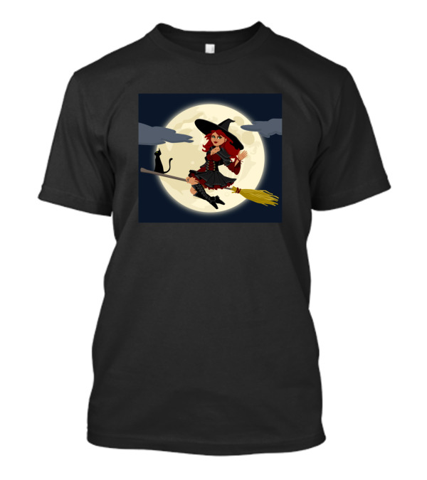 Sorcellerie Balai Witch Redhead Cat Broomstick Full Moon T-Shirt