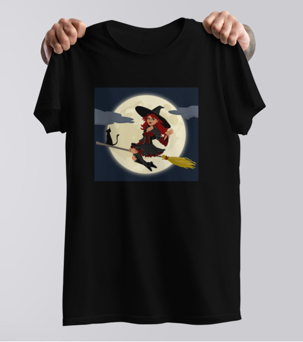 Sorcellerie Balai Witch Redhead Cat Broomstick Full Moon T-Shirt