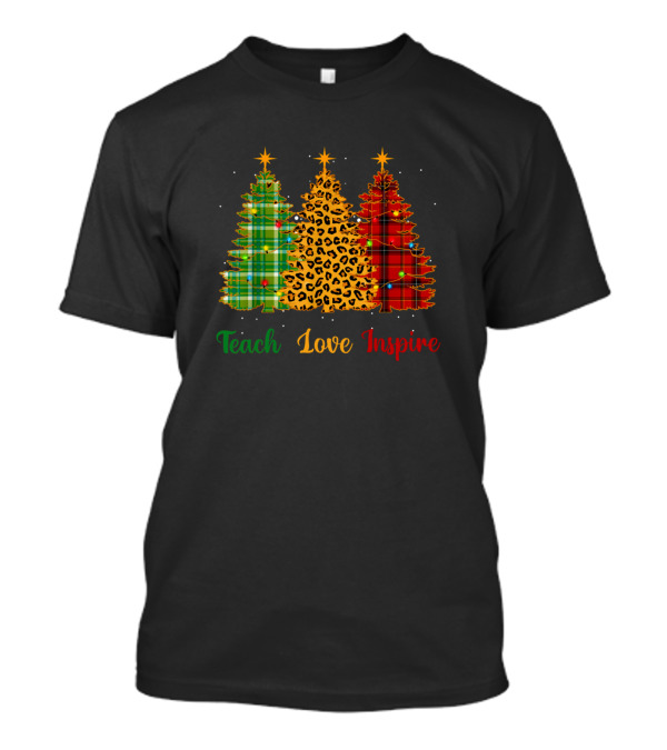 Teach Love Inspire Teacher Plaid Leopard Christmas Tree T-Shirt