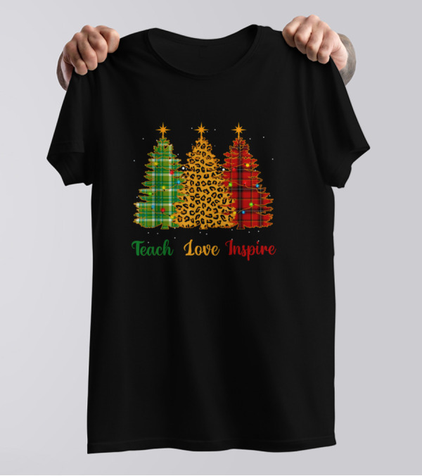 Teach Love Inspire Teacher Plaid Leopard Christmas Tree T-Shirt