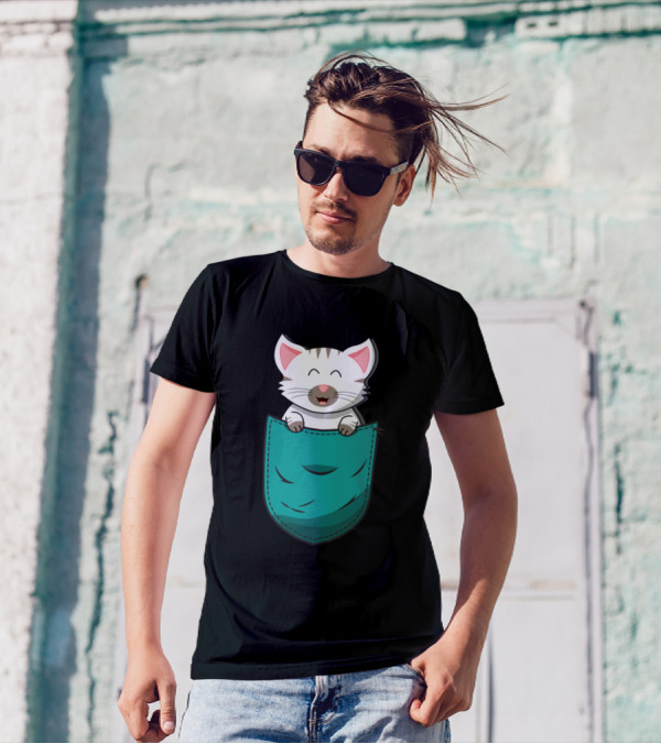 White Baby Cat Kitten In Pocket T-Shirt