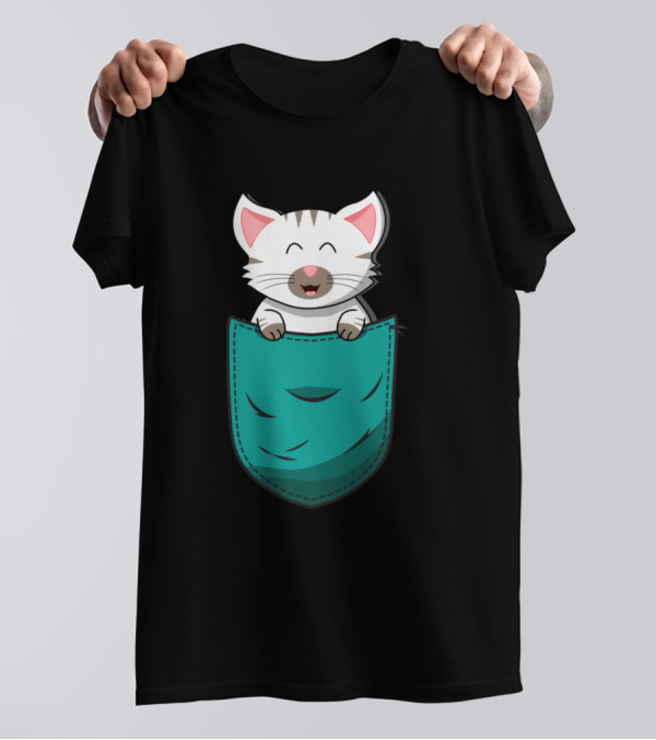 White Baby Cat Kitten In Pocket T-Shirt