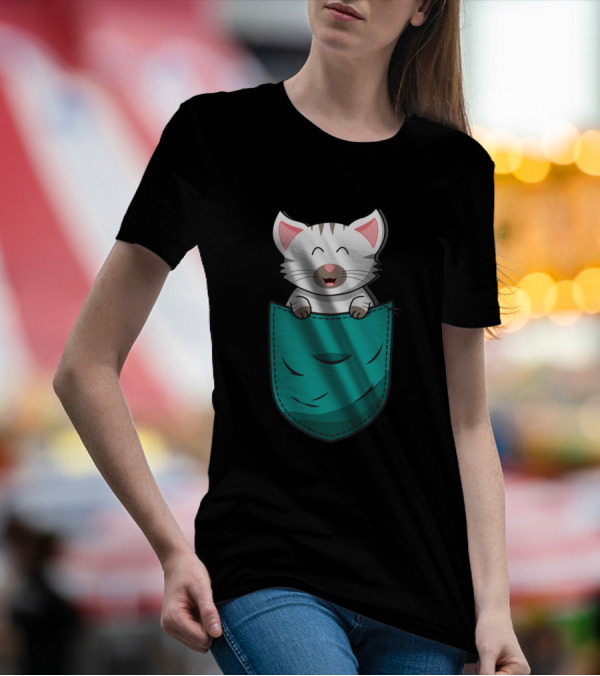 White Baby Cat Kitten In Pocket T-Shirt
