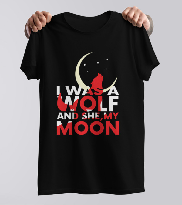 I Was A Wolf And She My Moon Red Wolf Howling Crescent Moon Stars T-Shirt
