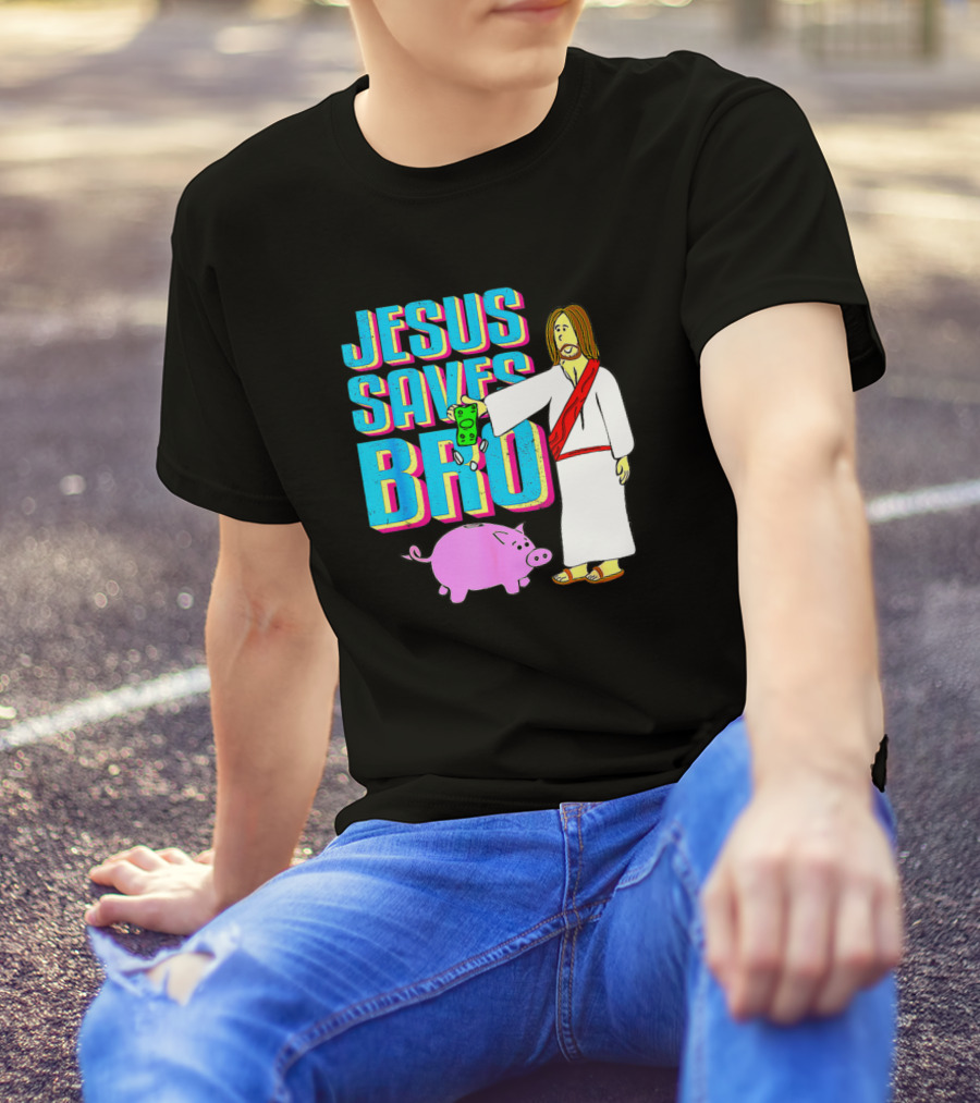 Jesus Saves Bro Cartoon Style Money Pig Bank T-Shirt
