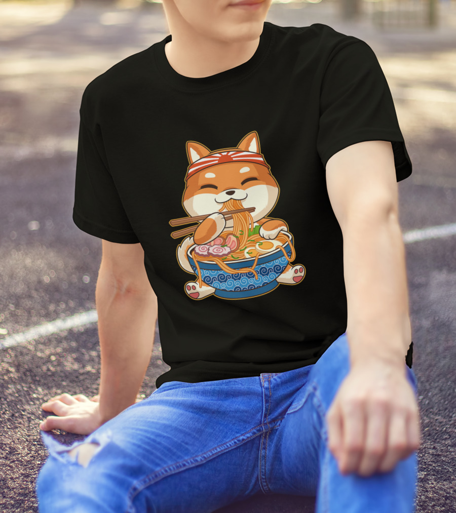 Kawaii Cute Anime Shiba Inu Dog Eating Ramen Otaku Japanese T-Shirt