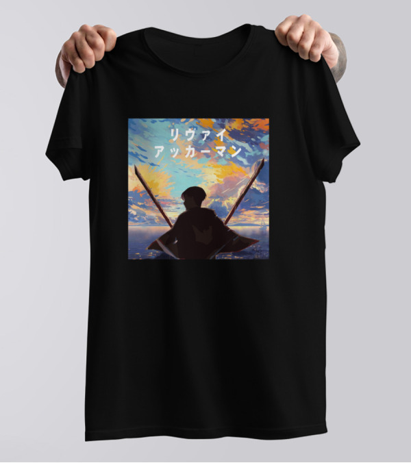 Levi Ackerman Silhouette With Dual Swords In Vibrant Sunset Sky T-Shirt