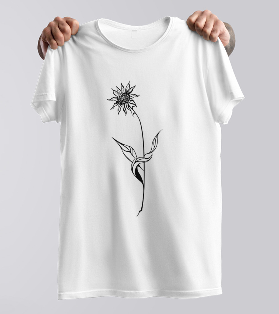 Black Line Art Flower Sunflower Stem T-Shirt