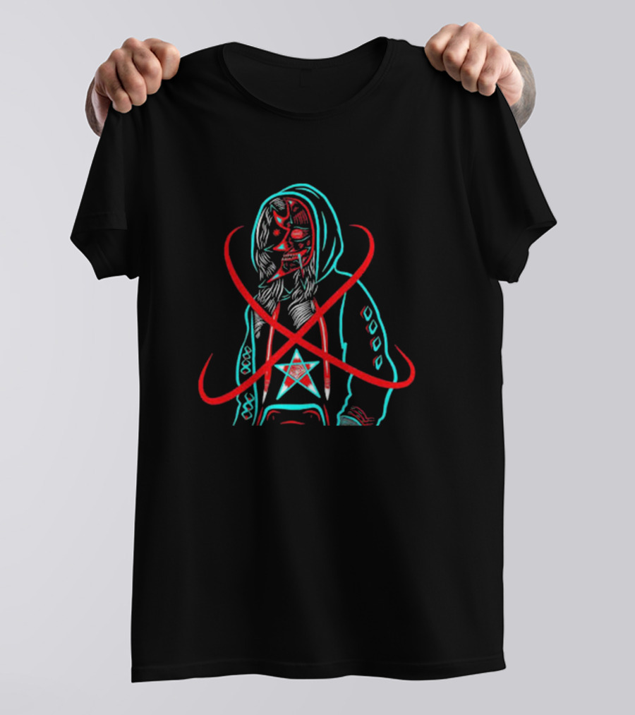 Line Work Cyberpunk Demon Mask Hooded Figure With Red And Blue Neon Star Elements T-Shirt