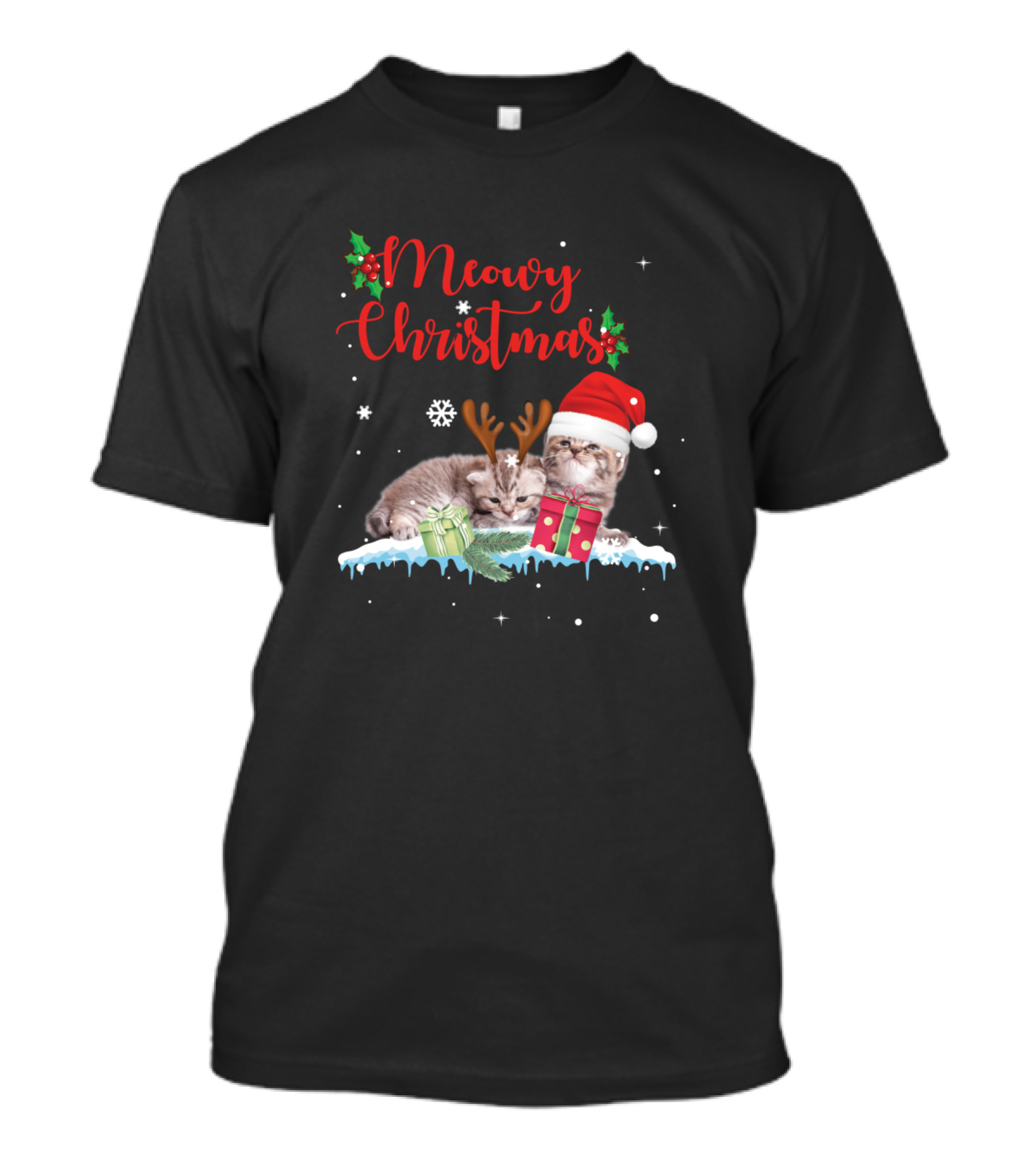 Meowy Christmas Kitten Cat Kitty Reindeer Santa Hat Present T-Shirt