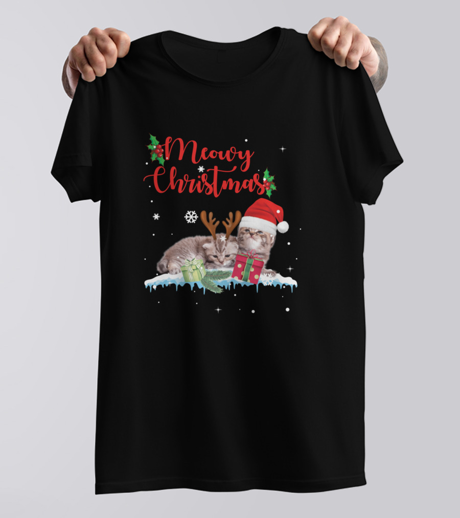 Meowy Christmas Kitten Cat Kitty Reindeer Santa Hat Present T-Shirt