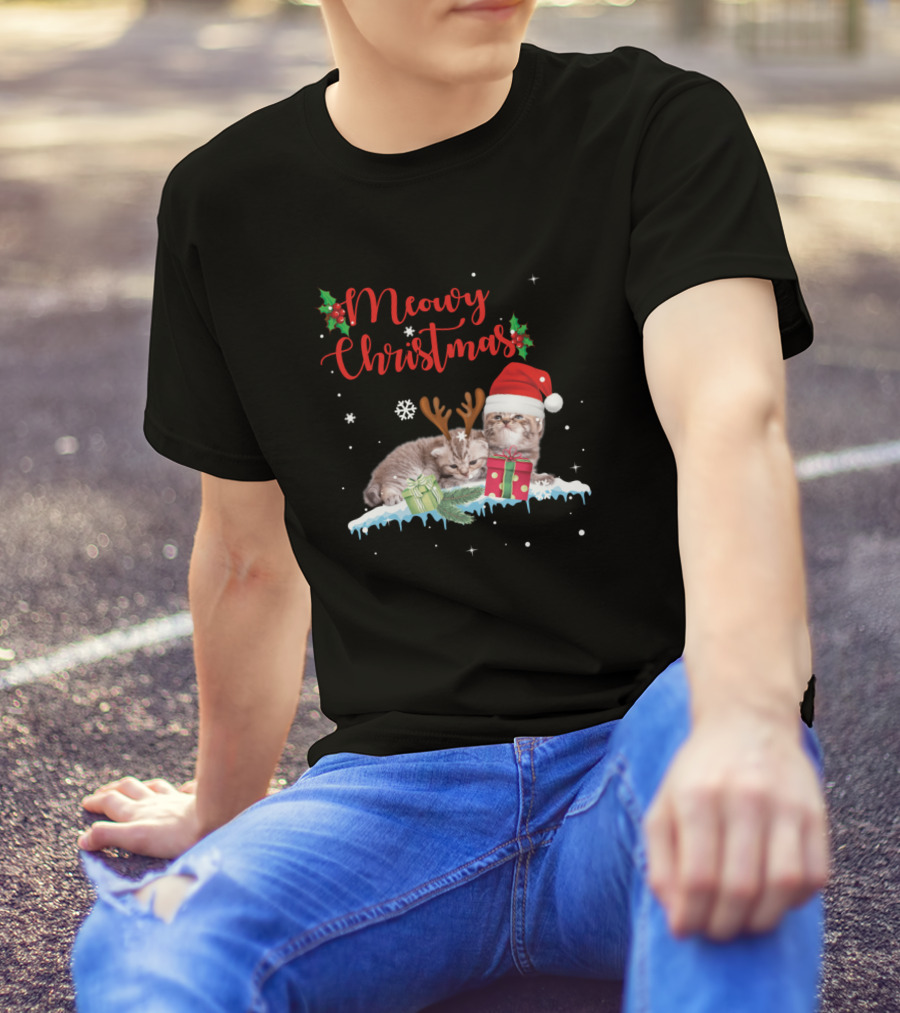 Meowy Christmas Kitten Cat Kitty Reindeer Santa Hat Present T-Shirt