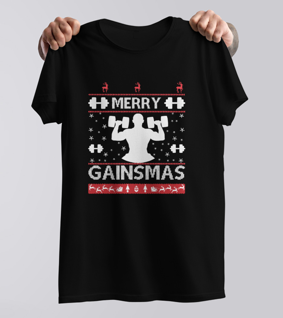Merry Gainsmas Bodybuilder Lifting Weights Christmas T-Shirt
