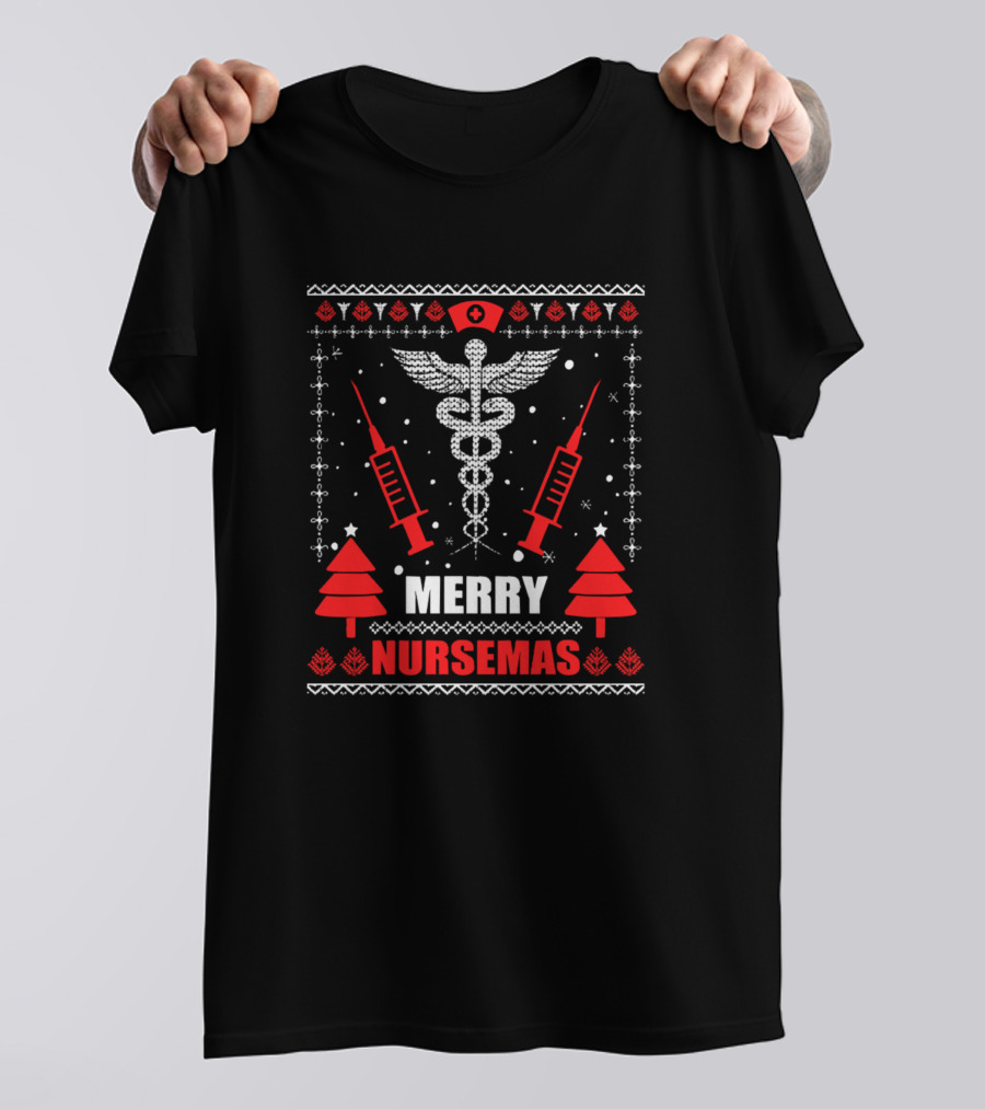 Festive Merry Nursemas Caduceus With Syringes And Trees T-Shirt